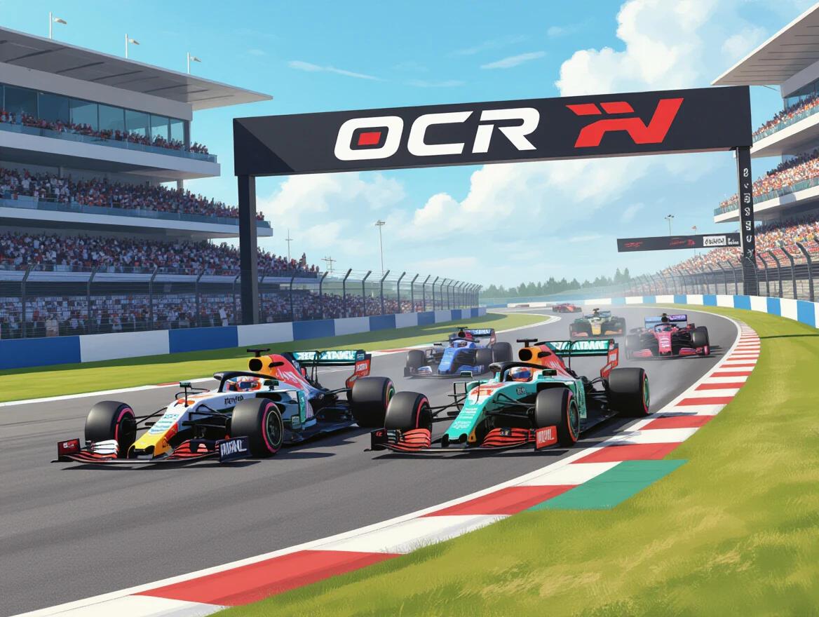 Concept art of racing cars competing on a high-speed track featuring a prominent 'OCR' logo. Cars are in vibrant colors and display motion blur to indicate speed.