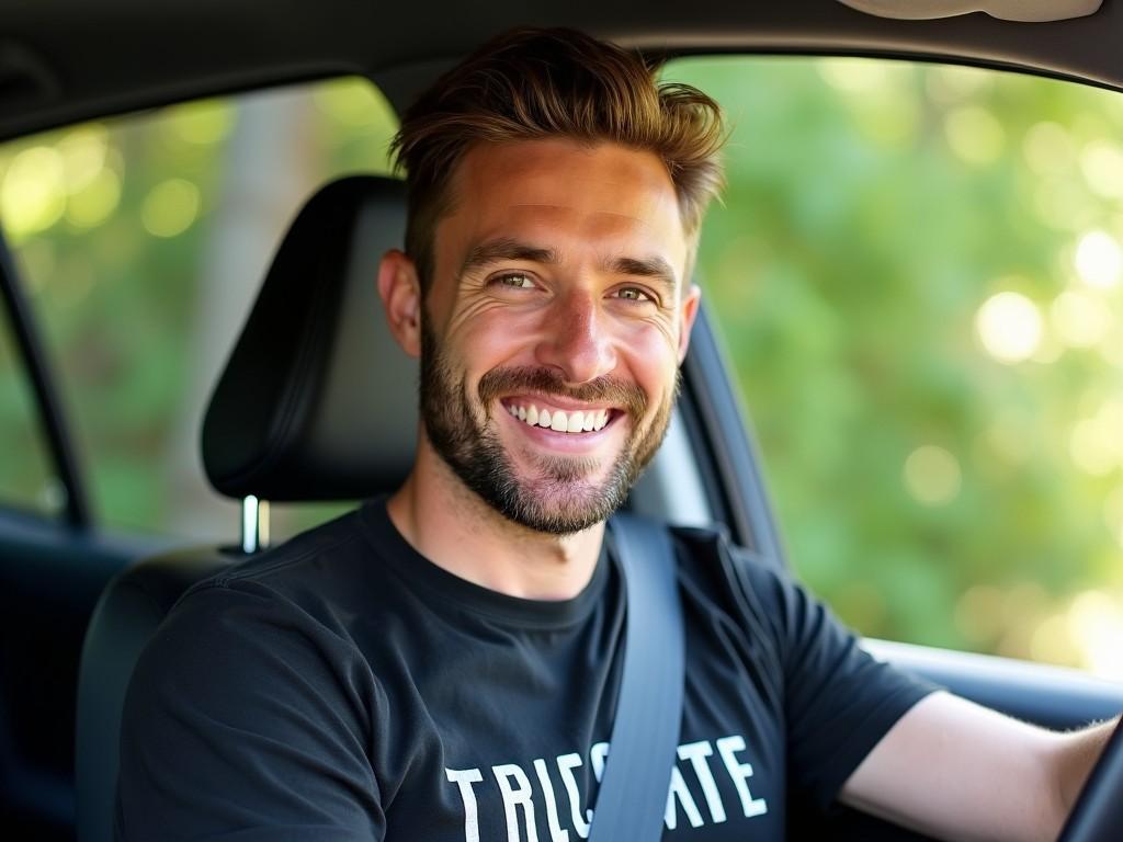 A man is sitting behind the wheel of a vehicle, smiling at the camera. He's wearing a black t-shirt with some text on it, and appears to be wearing a seatbelt. The background features the interior of the car and a view of greenery outside the window. The scene suggests a sunny day, as indicated by the bright light and the lush, green foliage. The composition is casual and gives a relaxed, everyday feel.