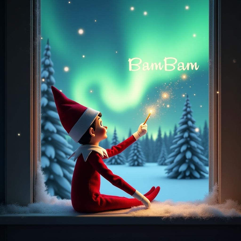 Adorable elf on a shelf sitting on window ledge, back turned. Magical wand creating twinkling sparks with the name BamBam. Looking up at northern lights. Background of winter wonderland with snow-covered pine trees. Dressed in red outfit with white trim. Scene illuminated by aurora colors, conjuring a festive holiday feel.