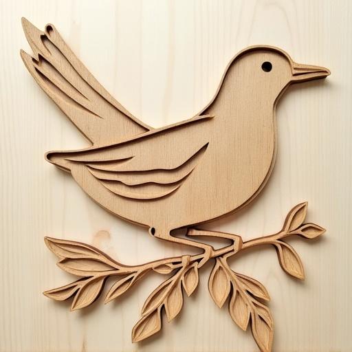 Bird design made from wood. Bird sits on a branch with leaves. The template is for scroll saw projects. The design is simple and elegant. Crafted from light wood materials.