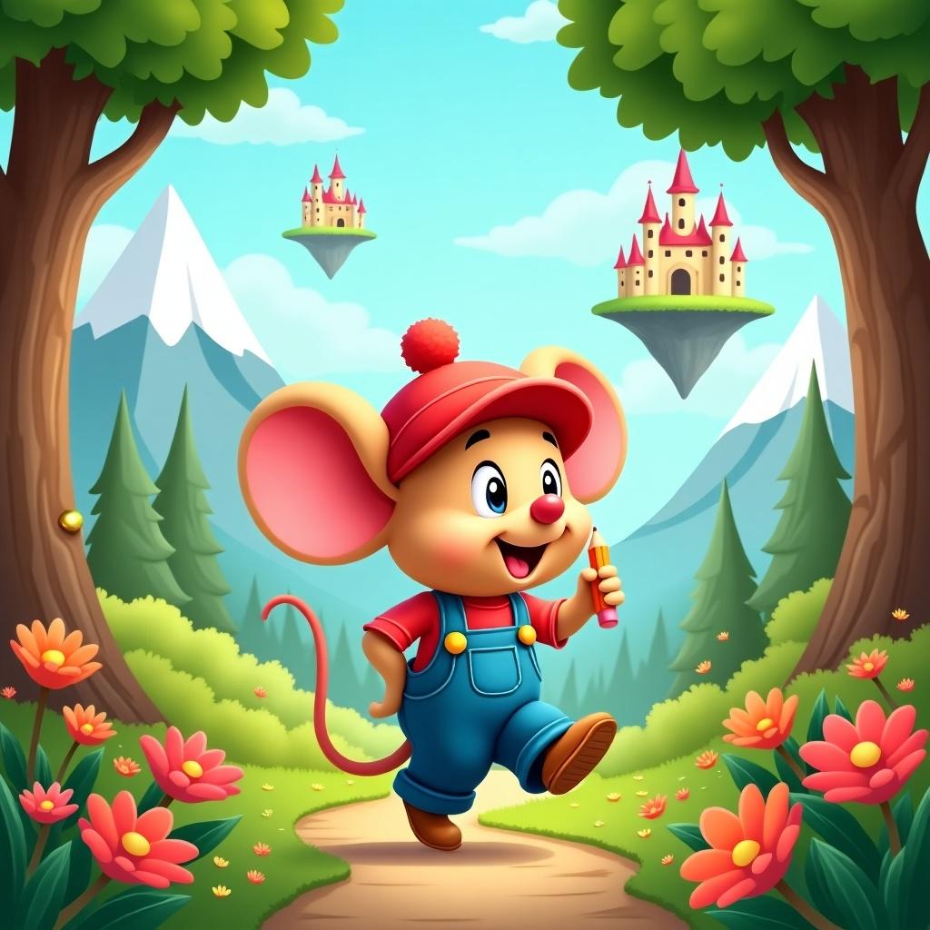 Vibrant illustration of a cartoon character walking through a lush forest. A mouse wears a red hat and overalls. Bright flowers surround him. Two tall trees frame the scene. Floating islands with castles are in the background. Snow-capped mountains are visible in the distance. The mouse holds a pencil, embodying creativity. The atmosphere is cheerful and friendly, appealing to young audiences.