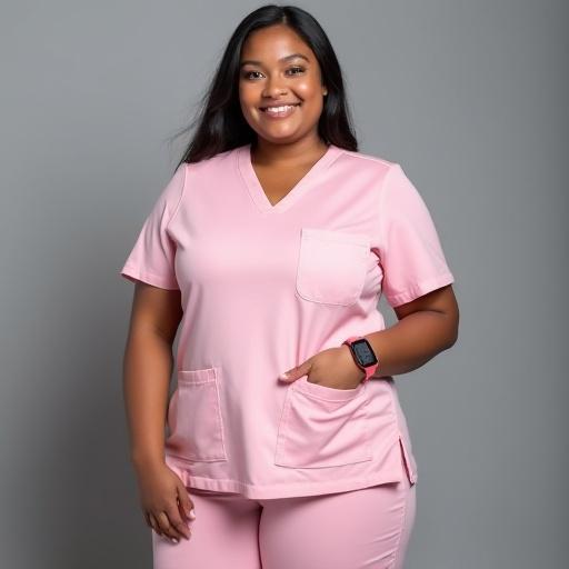 Confident plus-size female healthcare professional in pale pink scrubs stands in softly lit studio. The top has V-neckline and structured pockets. The pants are matching with a smooth waistband. The model has arms crossed and wears a pink smartwatch. Soft lighting highlights the texture and tailoring.