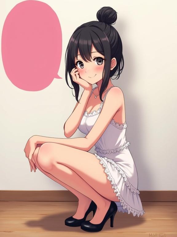 A young anime woman squats against a wall. She wears a white lace-trimmed dress and black heels. Dark hair is styled in a bun with curls. The atmosphere is light and feminine. A speech bubble expresses encouragement.