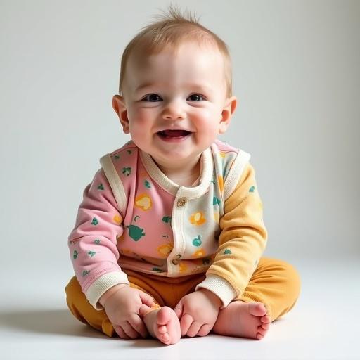 A cute baby in colorful clothes sits on the ground with a joyful smile. The baby looks directly at the camera. Smooth lighting enhances the gentle atmosphere. The background is bright and clean.