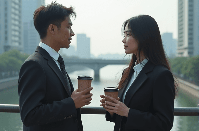 A man and a woman in business attire stand on a bridge, holding coffee cups and facing each other against a backdrop of an urban river and buildings.