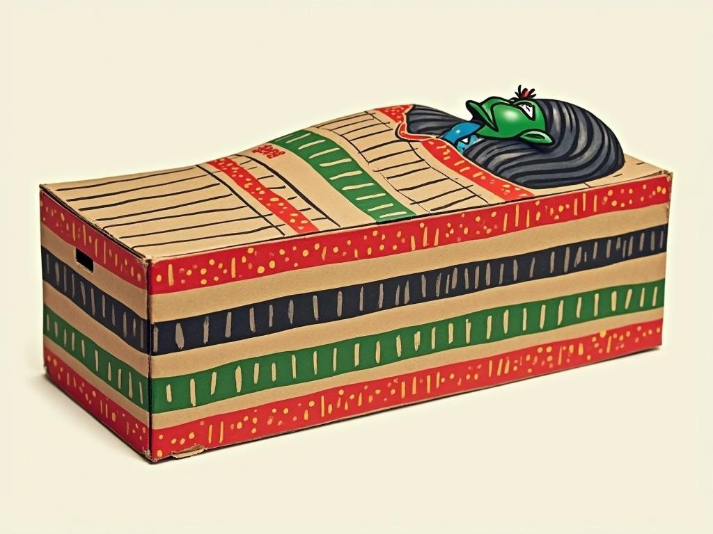 The image features a cardboard box designed to look like an Egyptian sarcophagus. It has a simple lines and dots pattern, suitable for children to draw. The colors used are vibrant red, green, black, and blue. The patterns incorporate motifs commonly associated with ancient Egypt. This design makes it ideal for craft projects and educational activities.