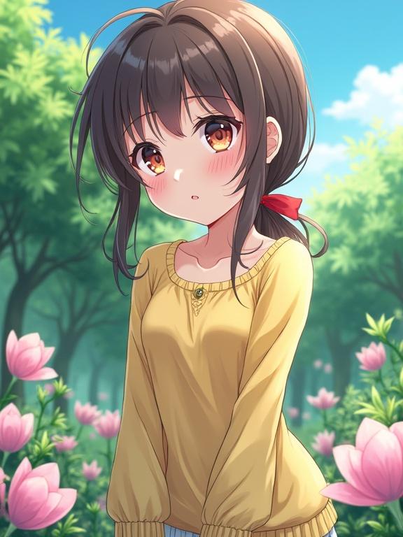 Anime illustration of a beautiful girl in a garden. Full body view, expression of innocence and charm, surrounded by blooming flowers.