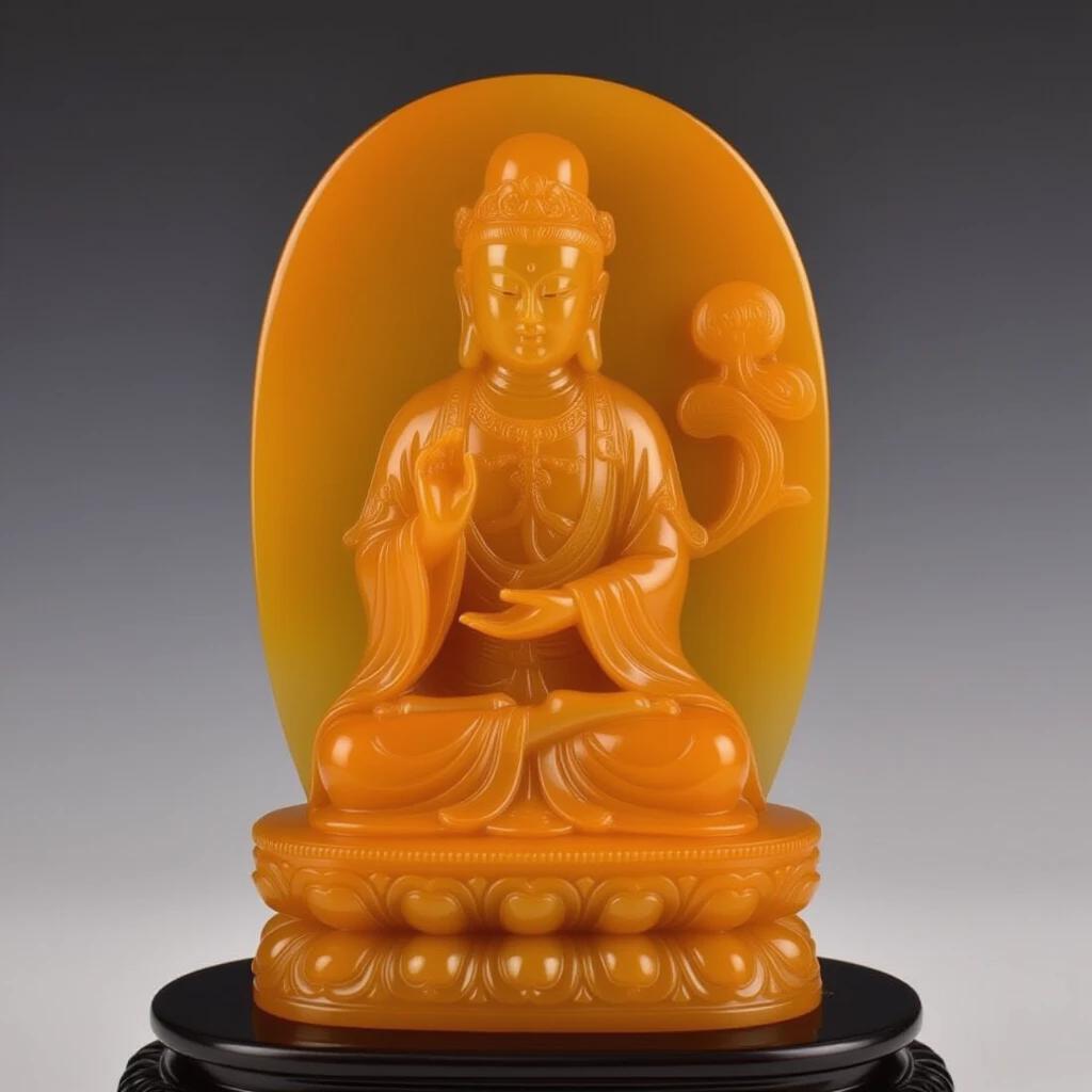 A beautiful orange jade statue depicting a seated figure with intricate details. The statue rests on a decorative base, showcasing traditional craftsmanship.