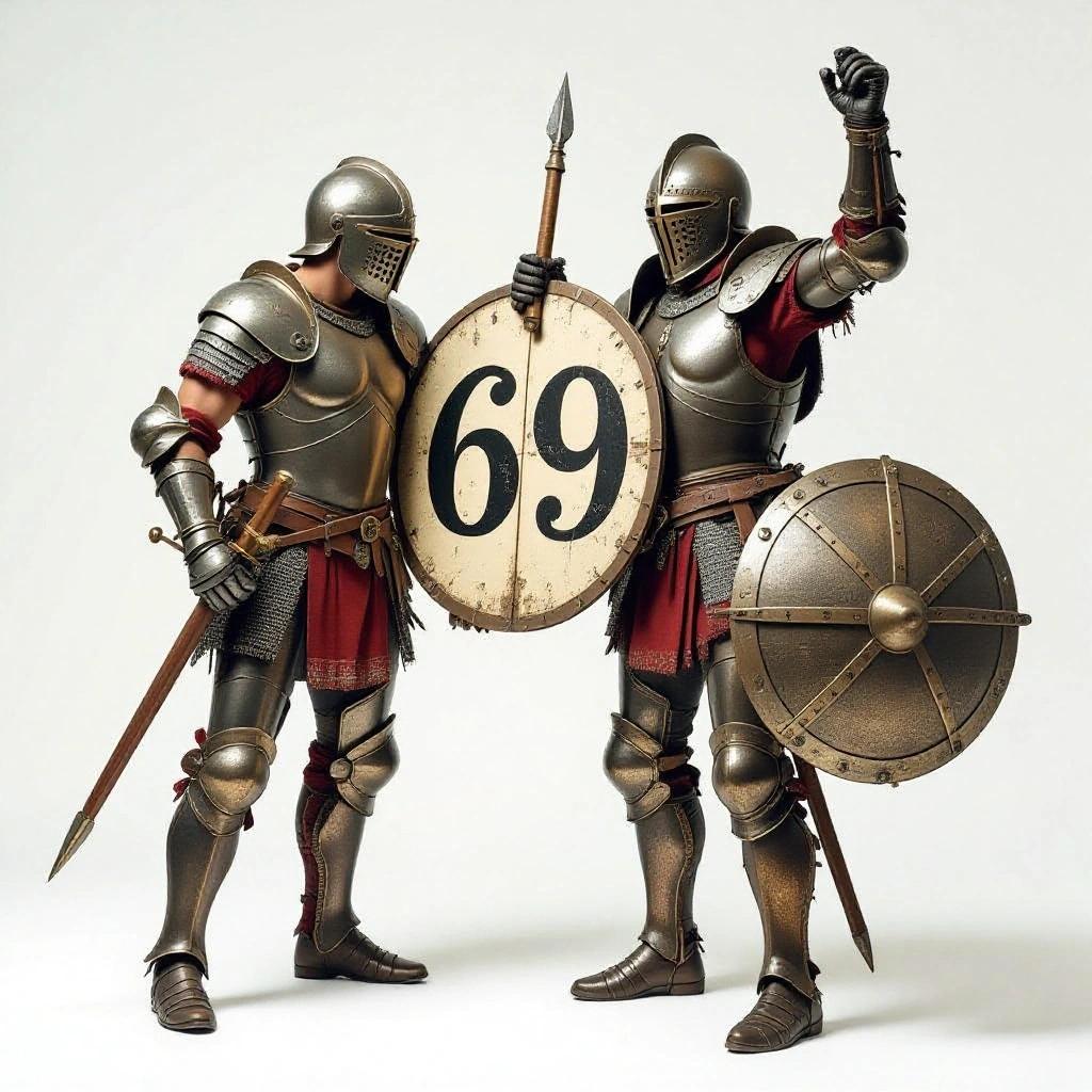 Two knights in shiny metal armor are showing a round shield with the number 69. They stand facing forward. One knight holds a spear. The scene is neutral and focused on medieval aesthetics.