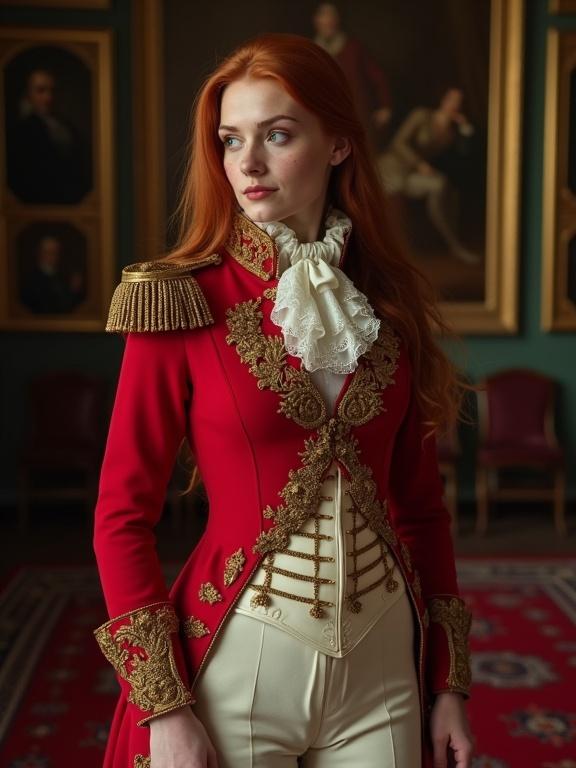 A young British woman wearing a red Napoleonic uniform in a dark room. Fine carpets and portraits are visible. She has long dark orange hair, green eyes, and glasses. The uniform is intricate with a frizzly white corset structure. Trousers are off-white with military epaulettes. She has a sheath at her side, and the outfit covers her fully, showing attention to detail in the design.