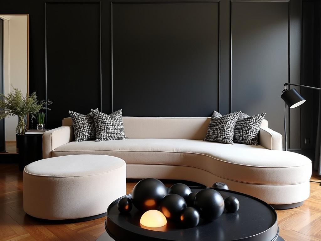 This image displays a modern living room with an elegant aesthetic. The main focus is a curved, plush sofa adorned with patterned pillows in black and white. Adjacent to the sofa is a round ottoman covered in soft beige fabric. A low coffee table is visible in the foreground, featuring a collection of decorative spheres, some shiny black and some glowing softly. The walls are painted dark, creating a striking contrast with the light from a large window. The overall ambiance is sophisticated and contemporary, with polished wooden floors adding to the elegance of the space.