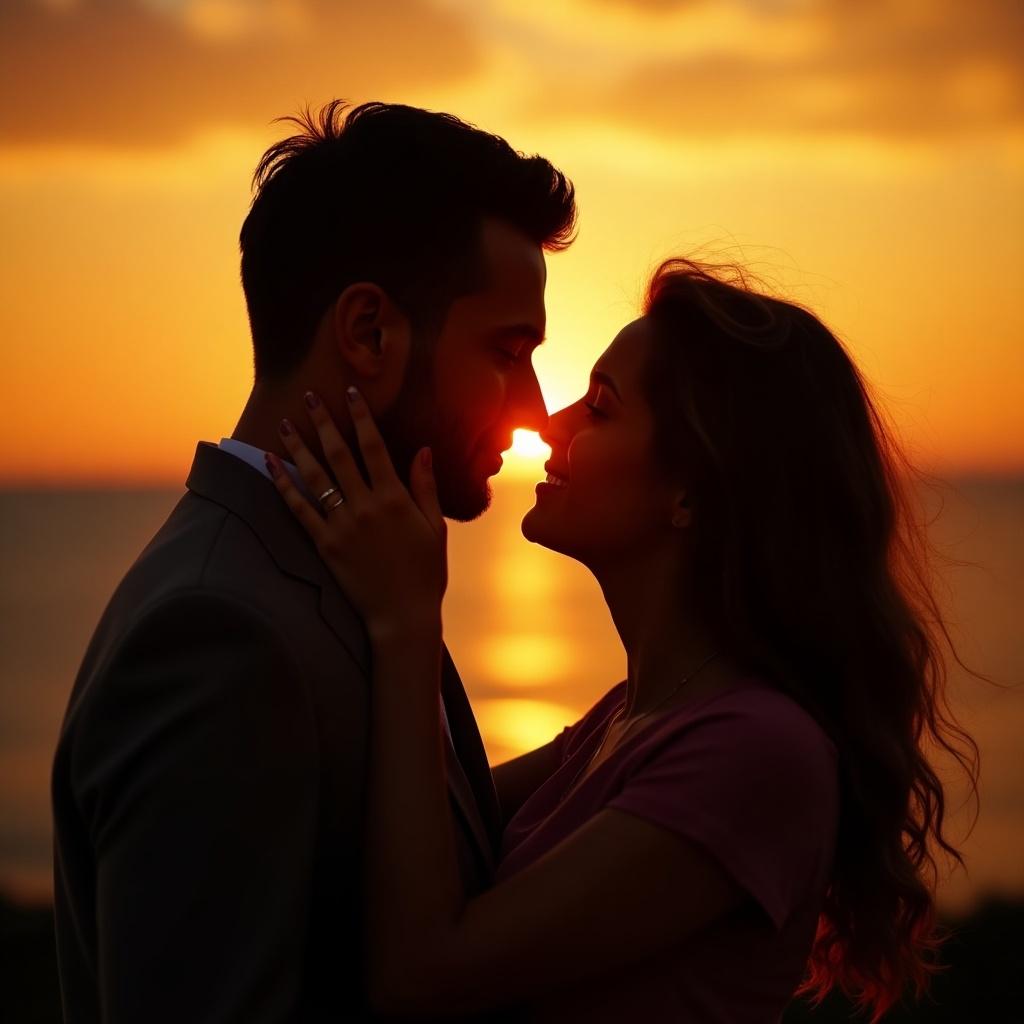 Couple sharing a romantic moment during sunset. She touches his face passionately while their lips almost meet.