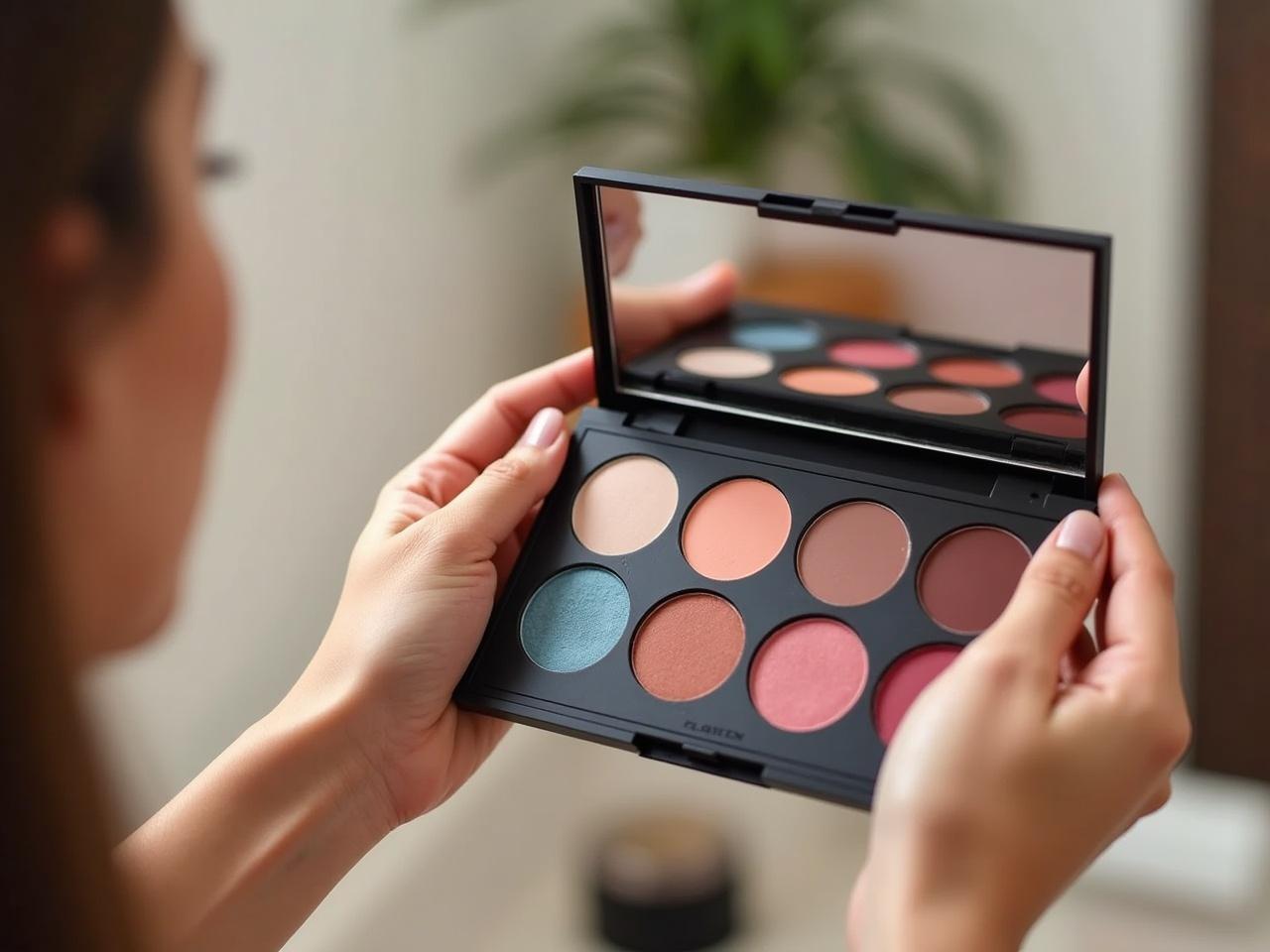 A person is holding a beautiful makeup palette displaying vibrant shades. The palette includes colors like peach, coral, and a touch of blue. It's positioned next to a mirror, emphasizing its reflective quality. Soft natural light illuminates the scene, creating an inviting atmosphere. The focus is on the elegance of the palette and its potential for various makeup looks.