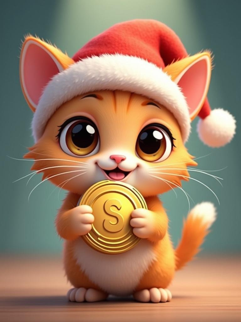 Cute cartoon style kitten holds Solana coin. Big eyes and a happy expression. Wearing a Christmas hat. Soft glow background with a spotlight effect.