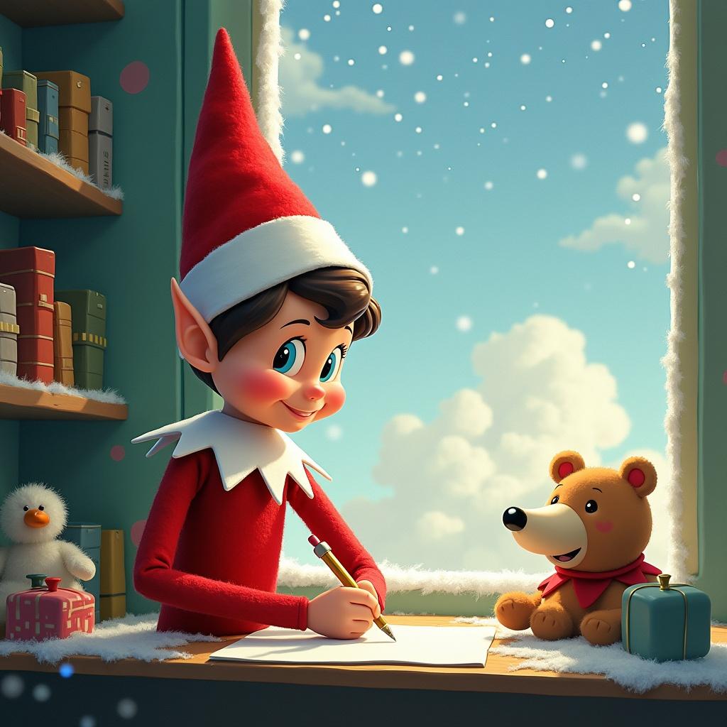 A cheerful elf sits at a cozy desk decorated for Christmas. He is focused on writing in a notebook, with a cute teddy bear observing him from the table. Outside the window, fluffy white clouds drift by in a bright blue sky, adding a magical touch. The elf wears a classic red outfit with a pointy hat, embodying the festive atmosphere. Snowflakes gently fall outside, enhancing the wintery charm of the scene.