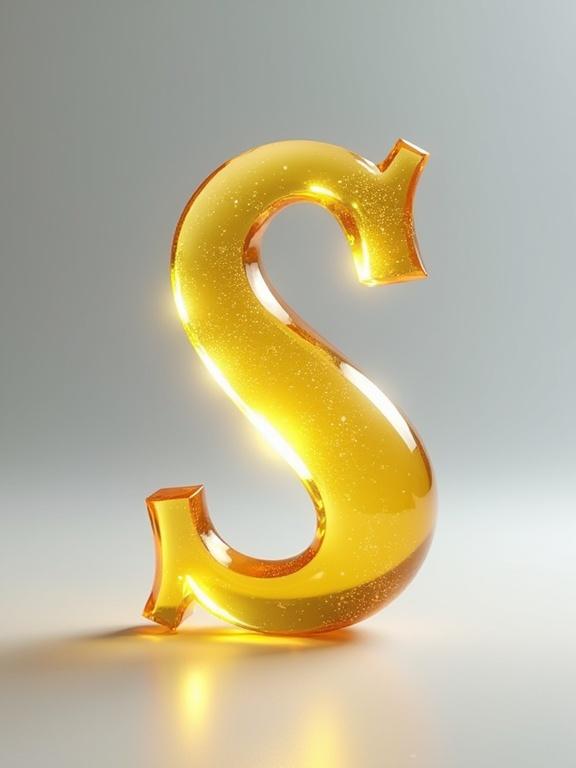 Hyper-realistic rendering of the letter S in ornate script style made of transparent yellow crystal. Letter floats above surface with smooth glossy finish capturing light. Radiant glow with sparkles. Studio lighting enhances reflective surfaces against soft gray backdrop. Dreamy soft minimal aesthetic with organic forms.