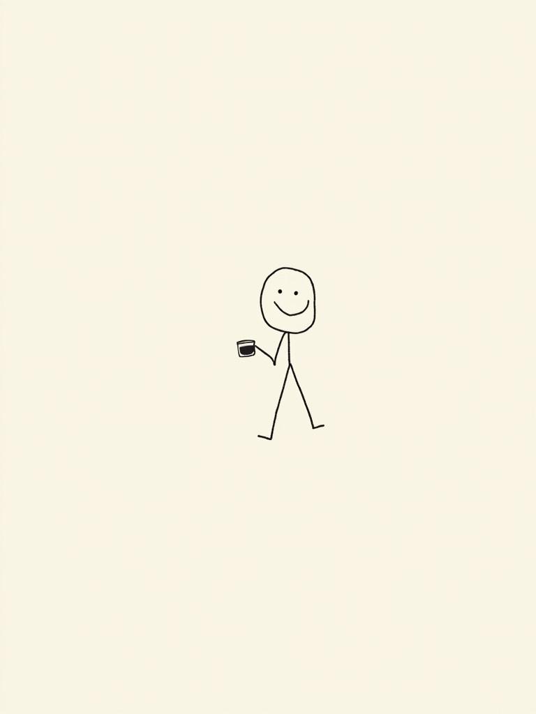 Simple doodle of a stick figure holding a cup in one hand. Figure has a round head with a smiling face. Emphasizes motivation and dedication. Basic lines create playful character.