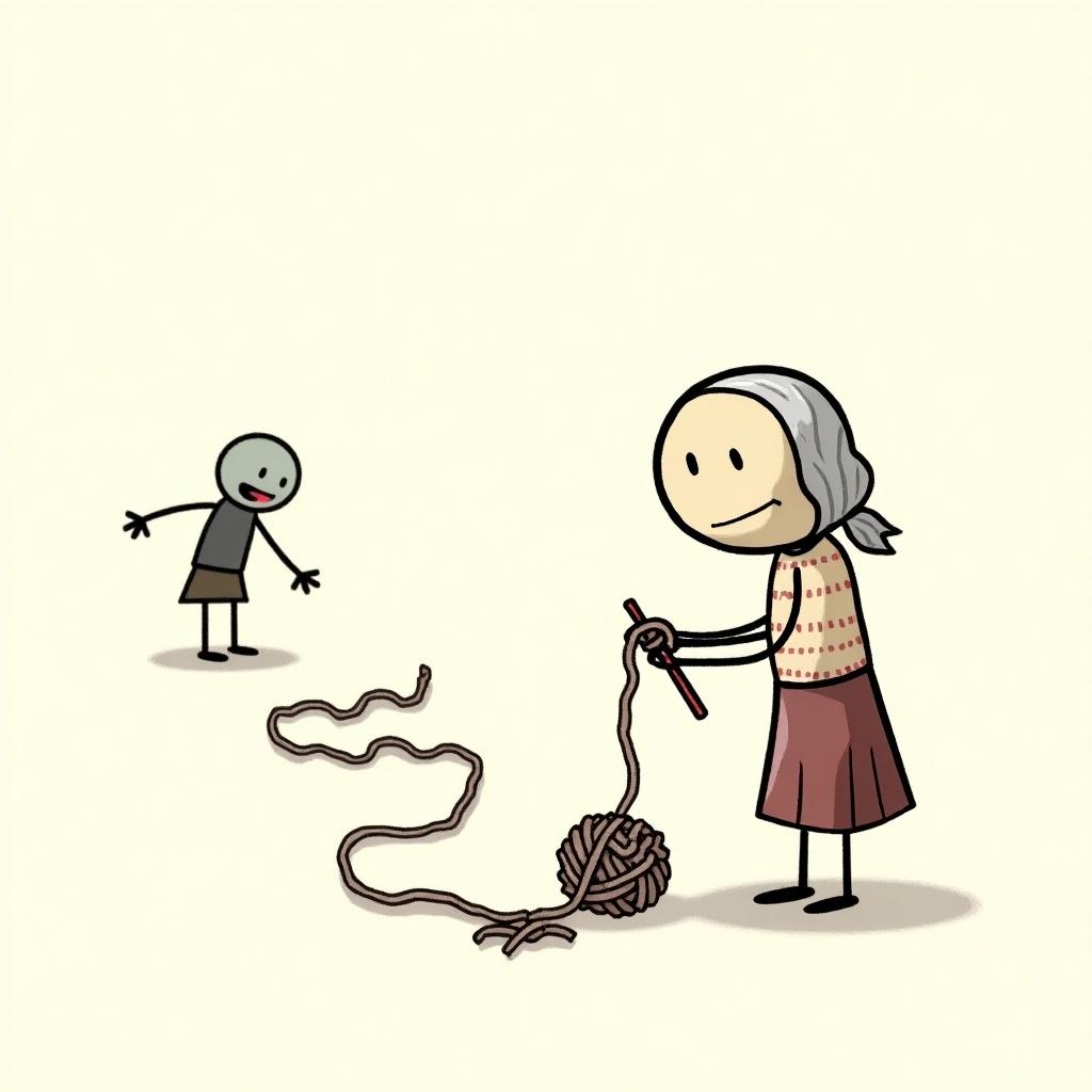 This image features a whimsical stick figure scene. An old lady is knitting with oversized needles, positioned at the bottom right corner. In the distance, a zombie stick figure with outstretched arms adds a fun twist. The design is simple and rough, creating a lighthearted atmosphere. A squiggly yarn is laid out on the ground, enhancing the playful theme.