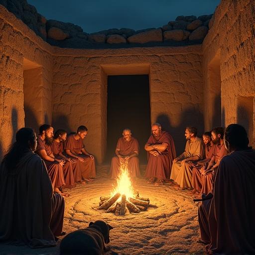 A governing council meets in a stone and mud brick hut. The scene is centered on a fire surrounded by villagers. Participants include warriors, elders, and young people showing concern. A dog sleeps nearby. The atmosphere is tense as they discuss the threat of enemies. The setting takes place at night.
