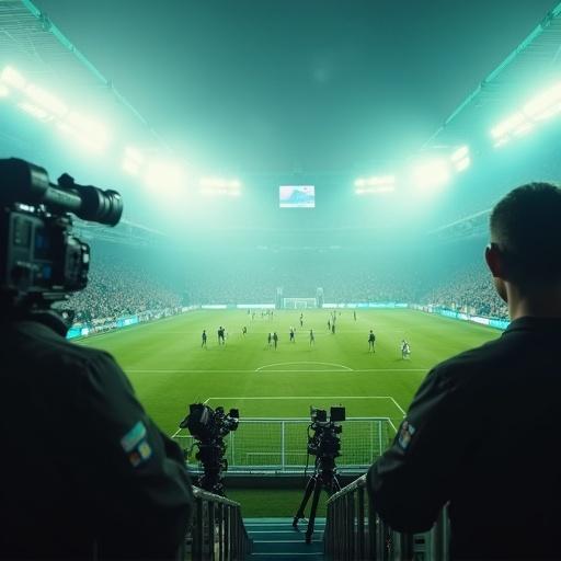 Cinematic scene inside an open-air football stadium with modest spectator stand. Three cameras filming a dramatic moment on the field. Atmosphere is epic and emotionally charged. Turquoise, white, and soft yellow color palette. Stadium lights create a dramatic glow through mist. Image has shallow depth of field, lens flares, and high contrast for an immersive feel.