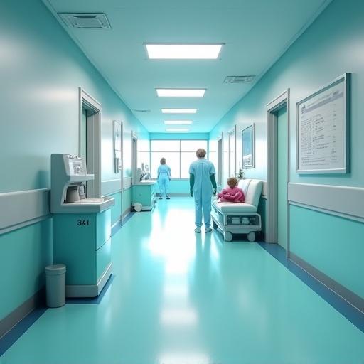 Hospital corridor leading to radiology department featuring nurses and patients in Pixar 3D style