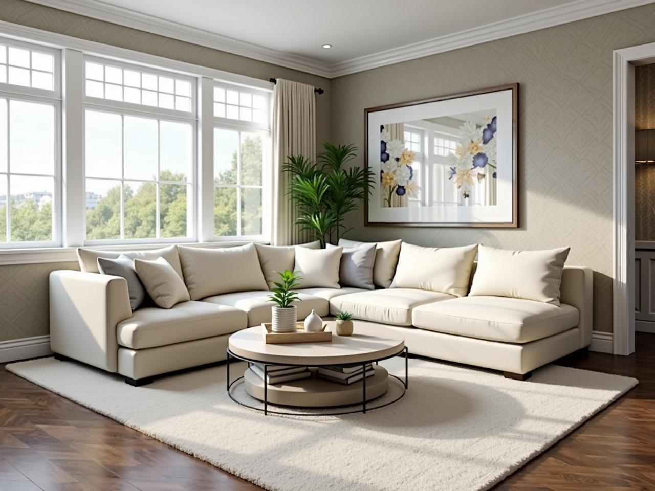 The image shows a beautifully designed living room. There is a large sectional sofa with cushions in a light color, arranged around a round coffee table. The room has large windows with light filtering through, creating a bright atmosphere. A potted plant adds a touch of greenery to the space. The walls are decorated with a sophisticated pattern and a framed artwork hangs prominently. The flooring is a mix of wood and carpet, giving the room a warm feel.