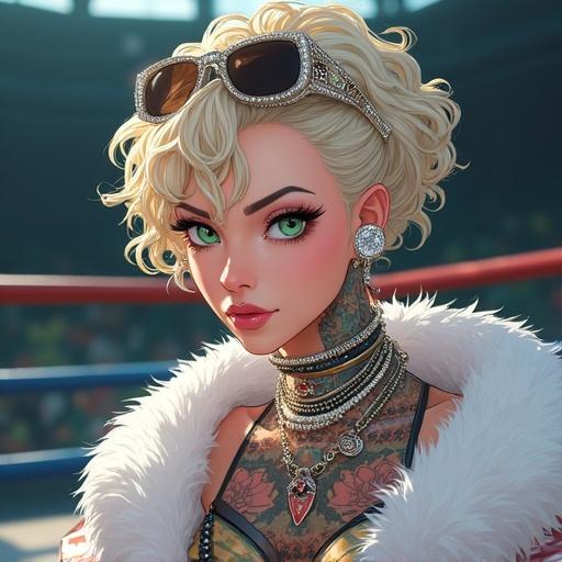 Anime style artwork featuring a 67 years old woman with emerald green eyes. The woman has short elegant light blonde curly hair and wears elaborate light pink diamond jewelry. The scene is set in a modern and luxurious martial arts arena. The character is half Japanese, half Saiyan. She stands confidently with muscular arms, 6 pack abs, and a sadistic grin. The outfit features over-the-top sexy ninja elements with a white mink fur coat, and she sports black diamond-encrusted sunglasses on her head.