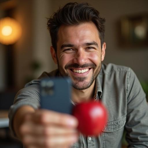 Realistic selfie of a smiling man holding a red apple in a room. Natural lighting creates a warm atmosphere. Image taken with a mobile phone.