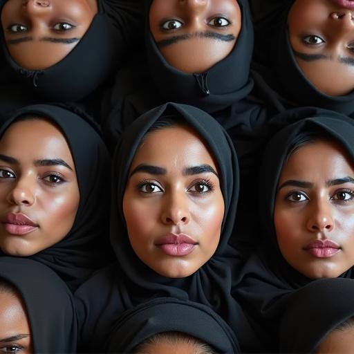 Image of multiple Scottish-Pakistani Muslim female teachers laying on the ground. All have almond-shaped dark brown eyes, dark black hair, and thick eyebrows. Their expressions are serious with wide open eyes and closed mouths.