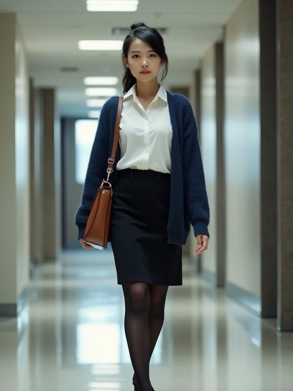 A young East Asian female agent walks confidently through a modern office corridor. She wears a white blouse paired with a black knee-length skirt. An indigo cardigan drapes over her shoulders. Her look is completed with black pantyhose and closed-toe heels. She carries intel files in her left hand and a brown satchel on her right shoulder. Soft lighting brightens the corridor.