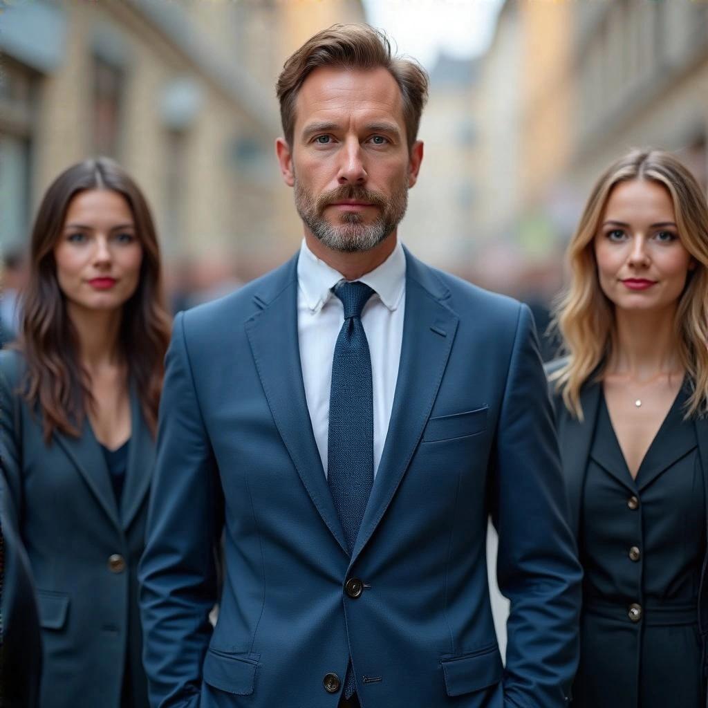 A man in a blue suit and tie stands next to two women.