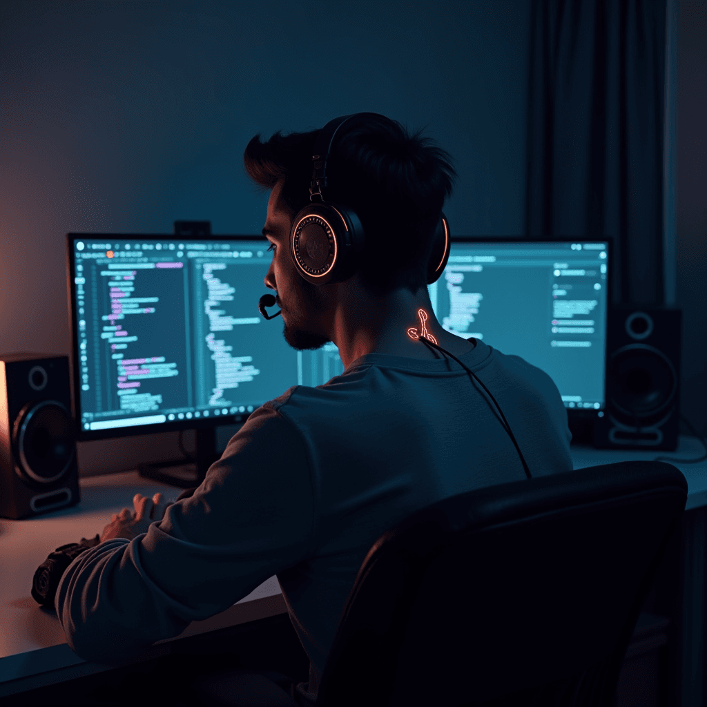 A person with headphones is focused on coding at a dual-monitor setup in a dimly lit room.