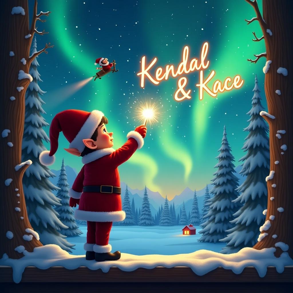 Elf on the shelf faces the sky holding a wand. Writing 'Kendal & Kace' in the air. Background features magical Christmas scenery with northern lights and a cabin. Christmas theme showcased.