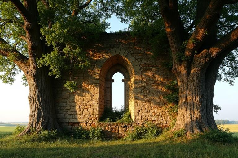 Ancient ruined wall flanked by large box trees. Tree crowns cover ruins like a roof. Ruin overgrown with vines and moss. Small double-arched window with no glass. Background shows a wide plain with fields. Scene occurs in the evening of a sunny late summer's day. Last rays of sunlight illuminate wall and treetops. Ground shows little vegetation with few sunlight rays.