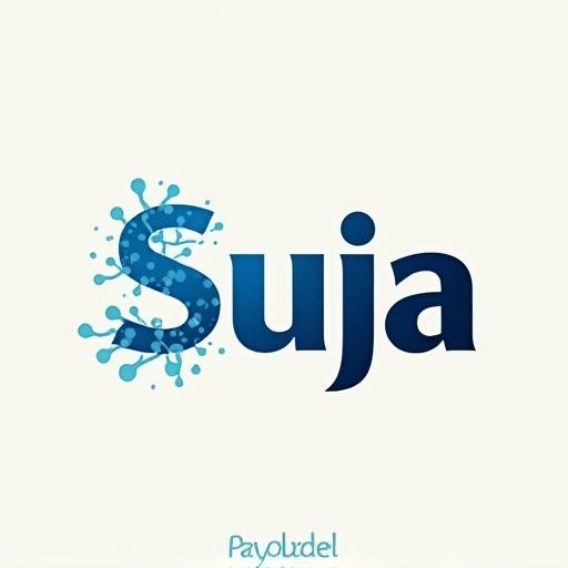 Create a logo featuring the word suja with a modern design. Include fluid elements such as splashes or drops. Use a blue color scheme.