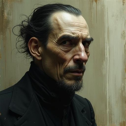 Closeup digital painting of a 1920s Lovecraftian investigator. Character named Corvus Blackwood. Dark moody atmosphere with a sharp face in a black suit. Background is blurry with vertical brushstrokes. Expresses joy yet pain. Painted in expressionism style with visible textures.
