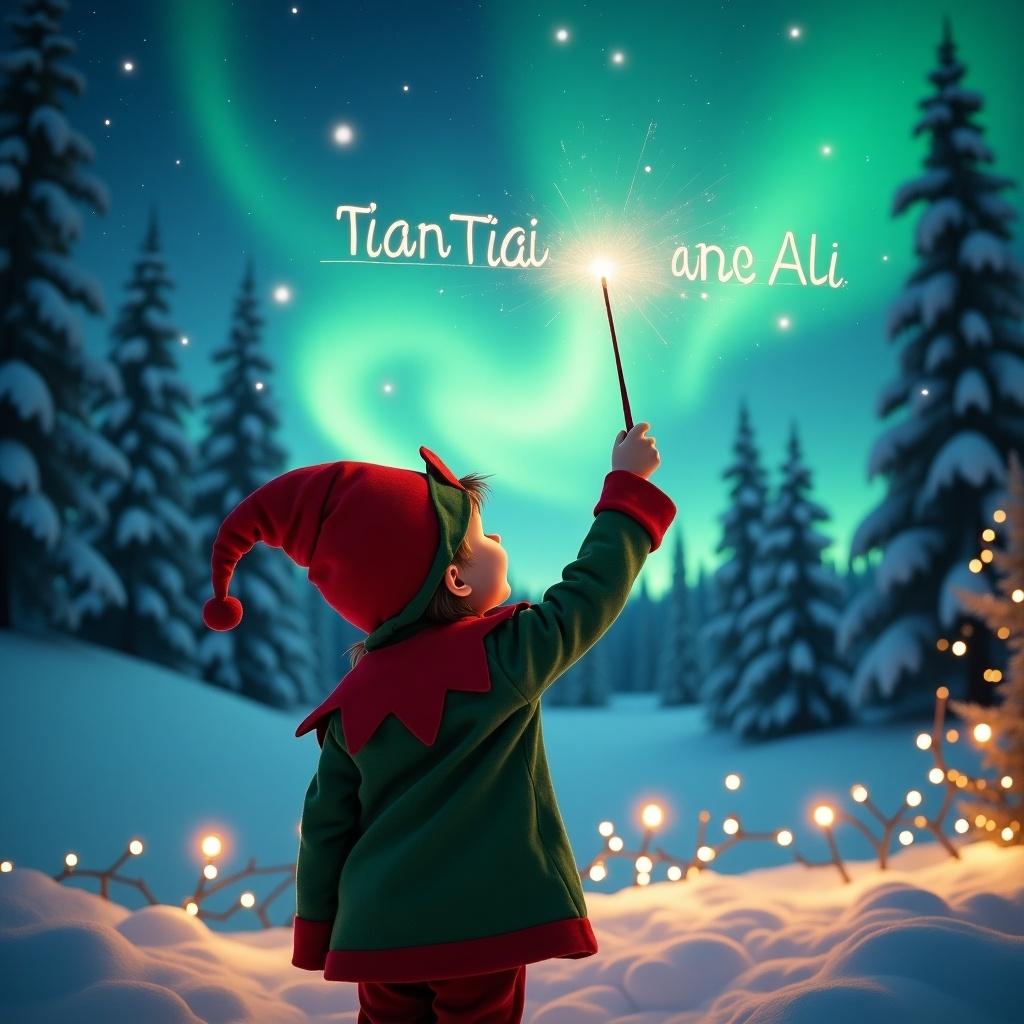 A child dressed in an elf costume stands with their back to the viewer. They are looking up at the sky, using a wand to write words that create a magical atmosphere. The background features stunning northern lights illuminating a snowy landscape dotted with trees. In the foreground, twinkling lights enhance the cozy ambiance. The overall scene evokes a cheerful and festive mood, perfect for the holiday season. This image captures the spirit of wonder and joy that characterizes this time of year.