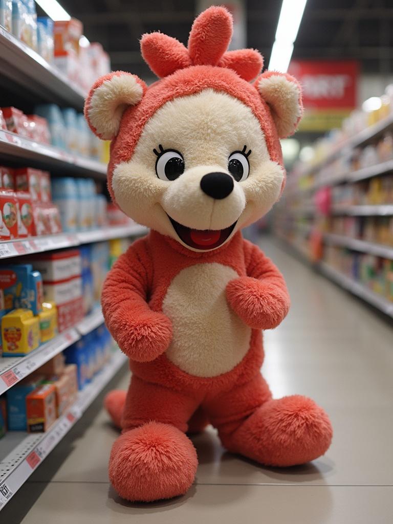 A large, plush bear mascot standing in a brightly colored retail aisle. The bear is smiling with big eyes and a fluffy round body. Shelves of products line both sides of the aisle. The atmosphere is cheerful and inviting.