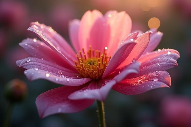 Close-up view of a stunning flower with textured petals and glistening water droplets. Luminous backdrop enhances the flower's mystical and enchanting presence.