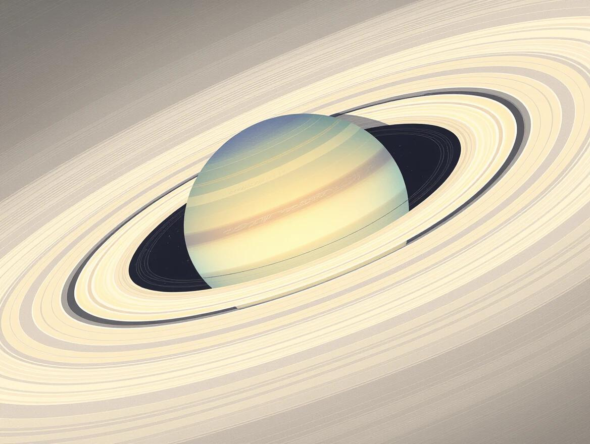 A realistic representation of Saturn with its prominent rings depicted. Simple design with smooth gradients of colors. Emphasizes the beauty of the planet and its rings.