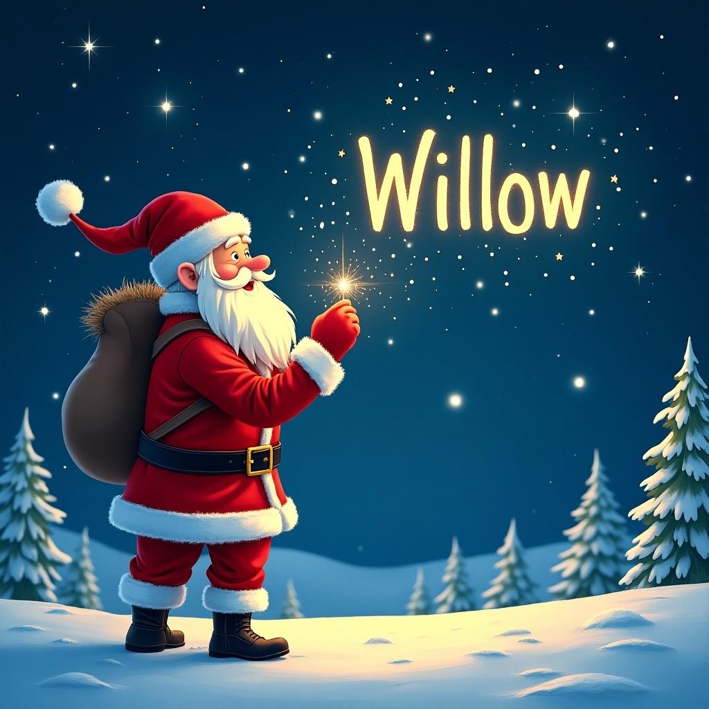 A whimsical scene of Santa Claus standing in a snowy landscape. He is holding a sparkler that lights up the night sky with the name 'Willow' written in glowing letters. The background features evergreen trees dusted with snow and a twinkling starry sky. Santa is dressed in his traditional red suit with a fur trim and a large sack on his back. This image embodies the magic of Christmas and the joy of personalized holiday celebrations. The overall mood is cheerful and festive, perfect for the holiday season.