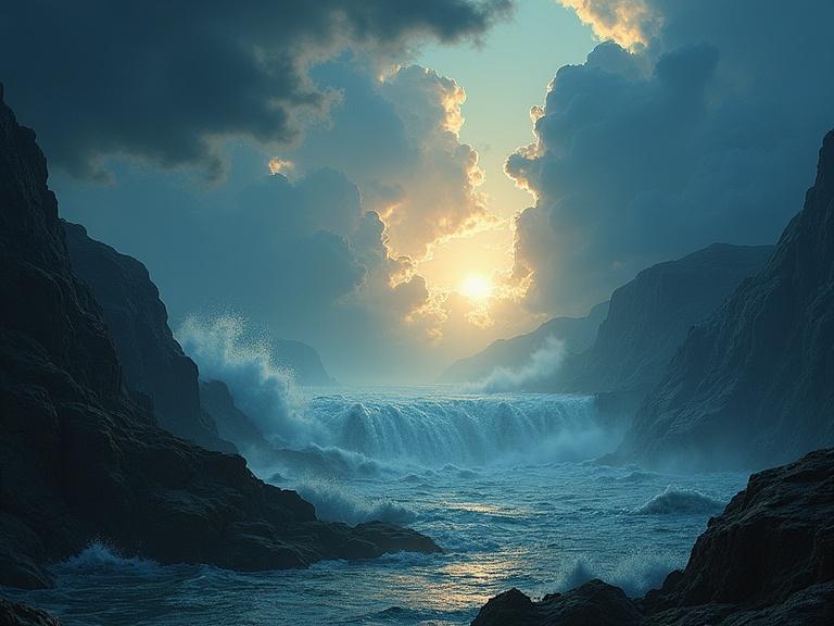 Vision of a great flood with Enoch. Imagery of future generations subtly incorporated. Symbolic representation in blue and golden tones. Aspect ratio 9:16.
