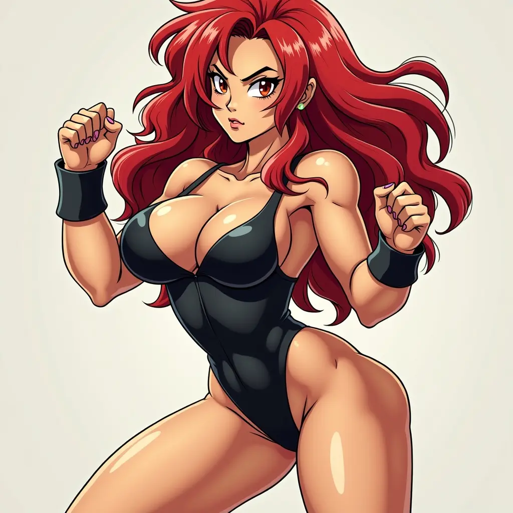 Curvy woman with red hair in a fighting stance. Depicted from the Dragon Ball universe. Character's expression shows determination and confidence. Strong physique emphasized.