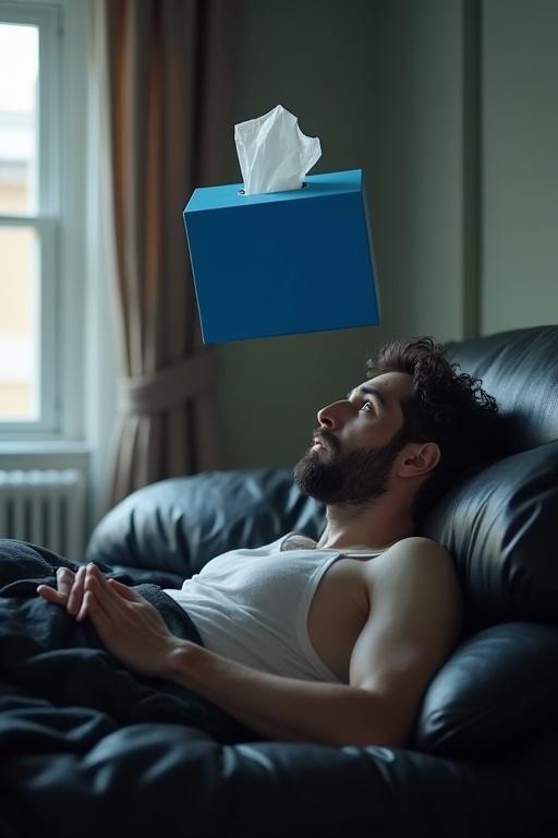 A handsome man with dark hair and a beard laid in a black leather bed in his bedroom. A blue tissue box floated to the corner of the room. The man stared at it in shock.