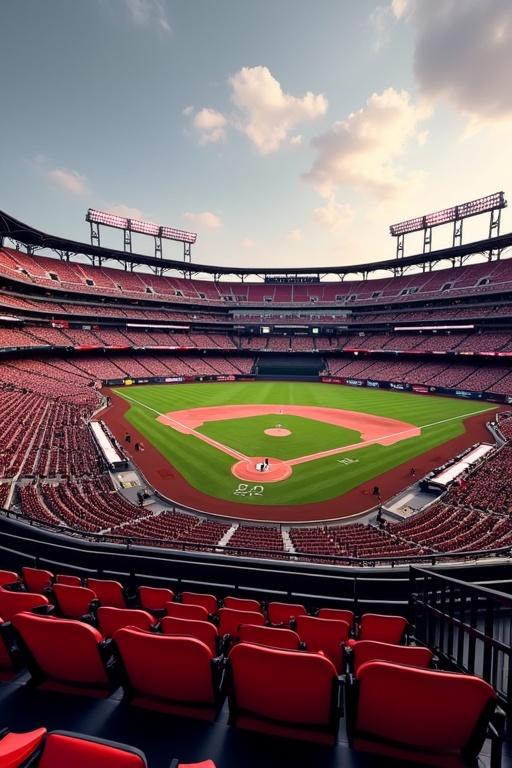 Baseball stadium for the Crimson Vipers with crimson red seats featuring black and white colors. A wide view captures the diamond and seating area.