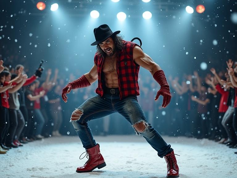 A muscular humanoid rooster in a pose inspired by Smooth Criminal. Wearing a tilted black fedora, sleeveless red flannel, ripped jeans, and shiny red boots. Body leans forward in iconic anti-gravity pose. Feathered arms and sharp claws enhance performance. Cheering crowd and falling snow add to theatrical atmosphere.