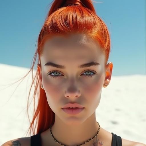 Realistic closeup photo of a young slim woman with red ponytail and piercing. Her face is pale with a small tattoo on her arm. She wears a black tank top in a sunny desert setting with blue sky.