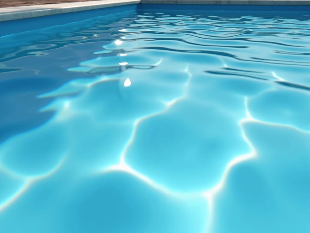 The image captures a tranquil swimming pool with sunlight reflecting off its surface, creating mesmerizing patterns. The gentle ripples in the crystal-clear blue water add a soothing dynamic to the scene, evoking a sense of calm and relaxation.