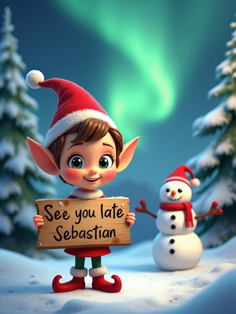 Elf character dressed in red and white holds wooden sign. The background includes magical northern lights and snow-covered trees. A cheerful snowman is present in the scene. Atmosphere is warm and holiday-themed.