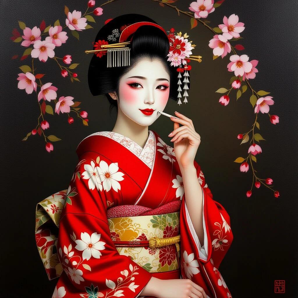 Oil painting of a girl in a traditional Japanese geisha outfit. Red kimono with floral patterns and white tabi socks. Charming posture with a slight head tilt. Confident playful expression with a soft gaze and delicate smile. Refined hairstyle with okobo hair accessory. Subtle makeup and elegant relaxed stance. Holding a decorative fan near her face with delicate hand gestures. Blowing a kiss with fingertips and soft blush on cheeks. Dark background with warm lighting and detailed textures. High-quality art with cinematic composition.